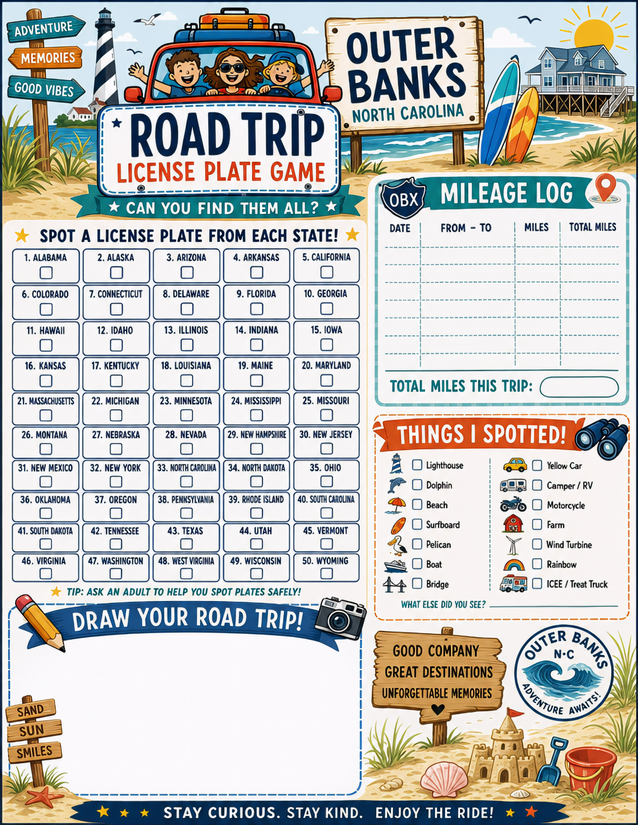 Outer Banks Road Trip Printable, License Plate Game and Mileage Log