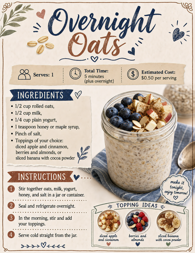 Overnight Oats Recipe Card, Fifty Cents a Serving