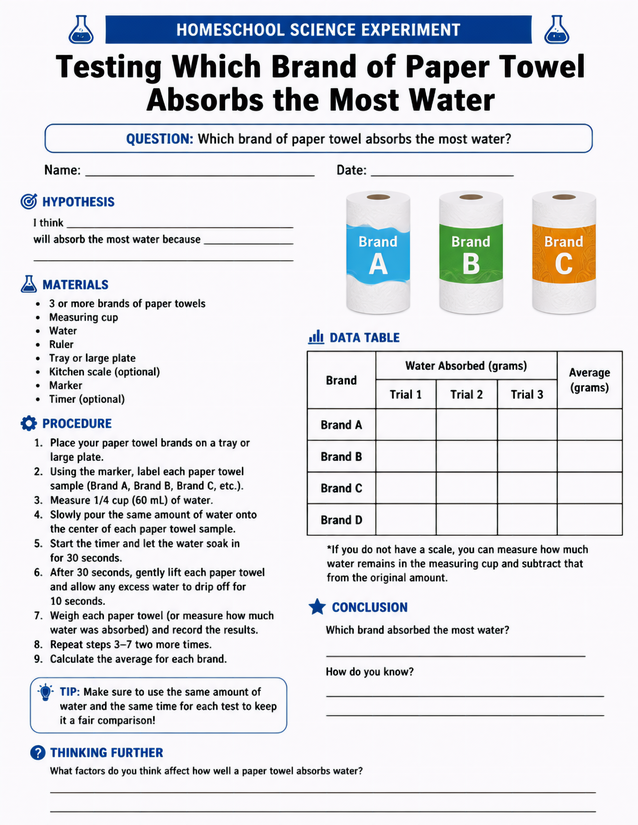Paper Towel Absorbency Lab Sheet, Brands A Through D