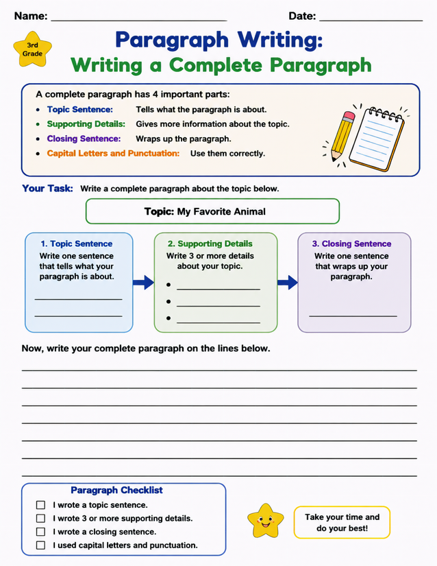 Paragraph Writing Worksheet, Writing a Complete Paragraph