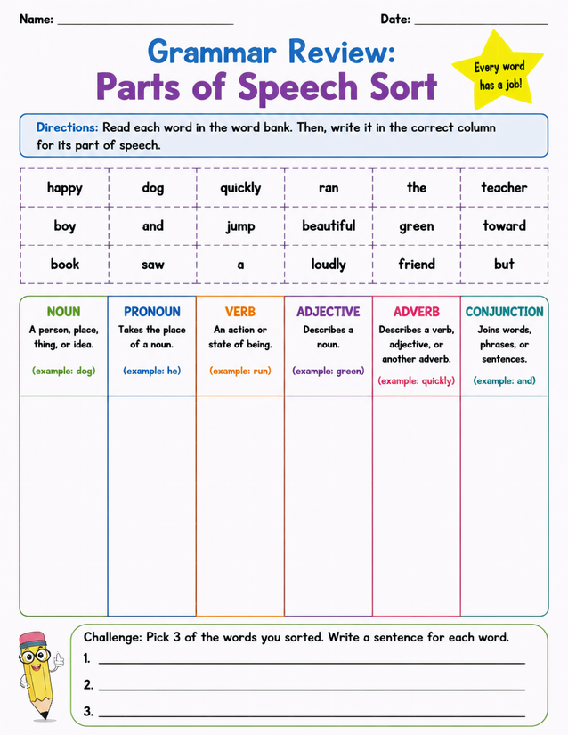 Parts of Speech Sort Worksheet, Six Grammar Categories