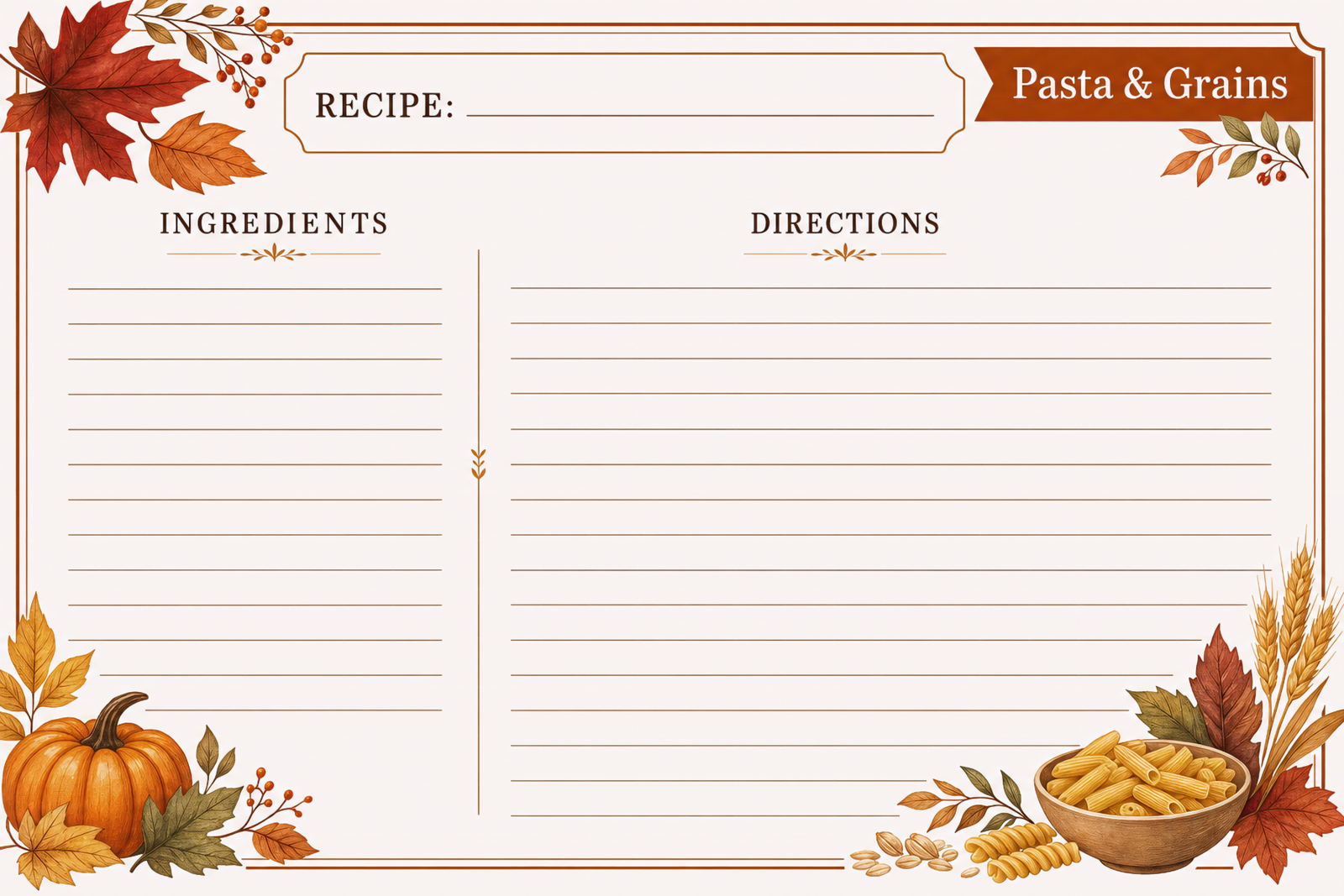 Pasta and Grains Recipe Card, Autumn Leaves and Wheat Design
