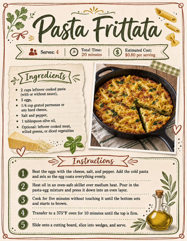 Pasta Frittata Recipe Card, Eighty Cents a Serving