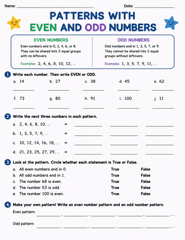 Patterns With Even and Odd Numbers Worksheet, Four Activities