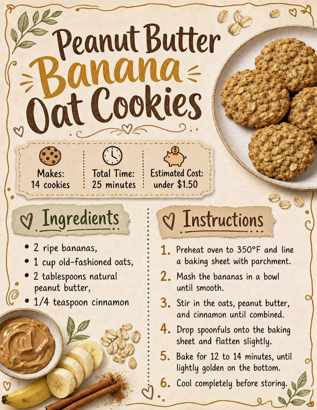 Peanut Butter Banana Oat Cookies Recipe Card, 4 Ingredients