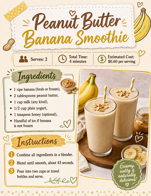 Peanut Butter Banana Smoothie Recipe Card, Four Minutes and Sixty Cents
