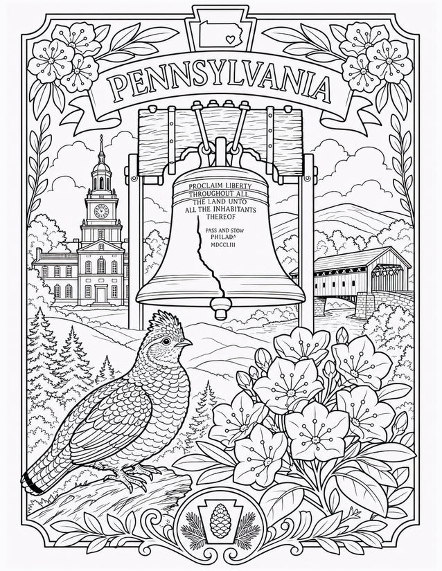 Pennsylvania Coloring Page, Liberty Bell and Independence Hall