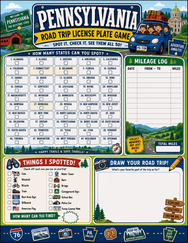 Pennsylvania License Plate Game Printable, All 50 States Plus Mileage Log