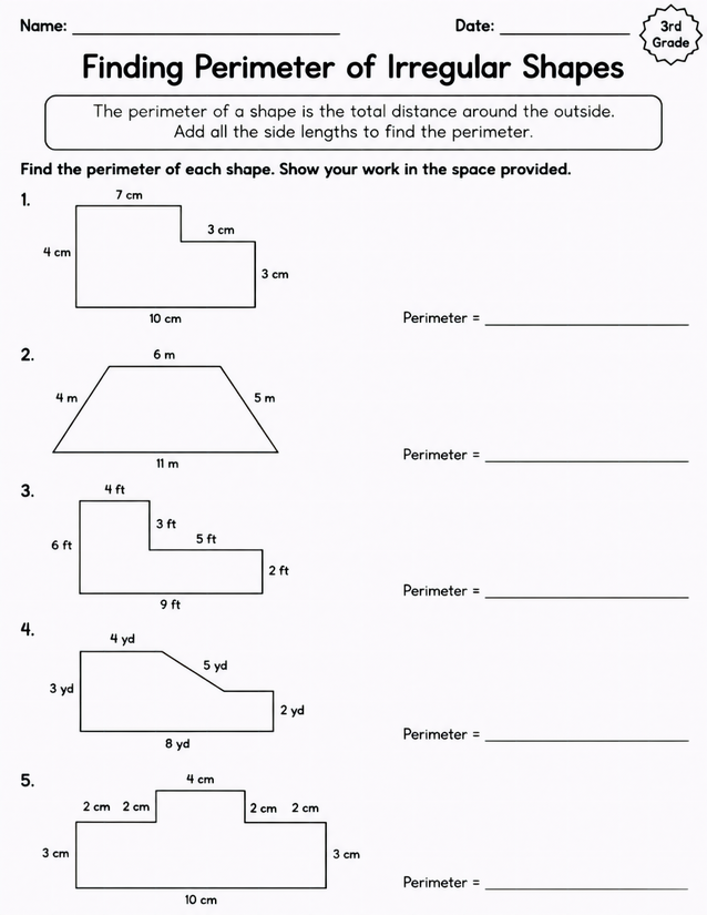 Finding Perimeter of Irregular Shapes, 3rd Grade Math Worksheet