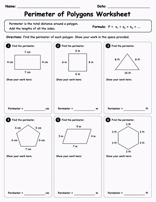 Perimeter of Polygons Worksheet, Six Labeled Shapes