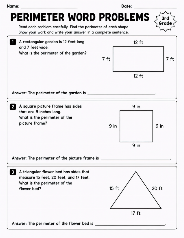 Perimeter Word Problems, Rectangles Squares and Triangles