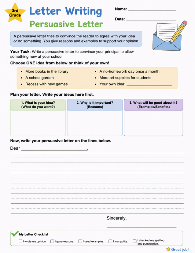 Persuasive Letter Writing Worksheet, 3rd Grade