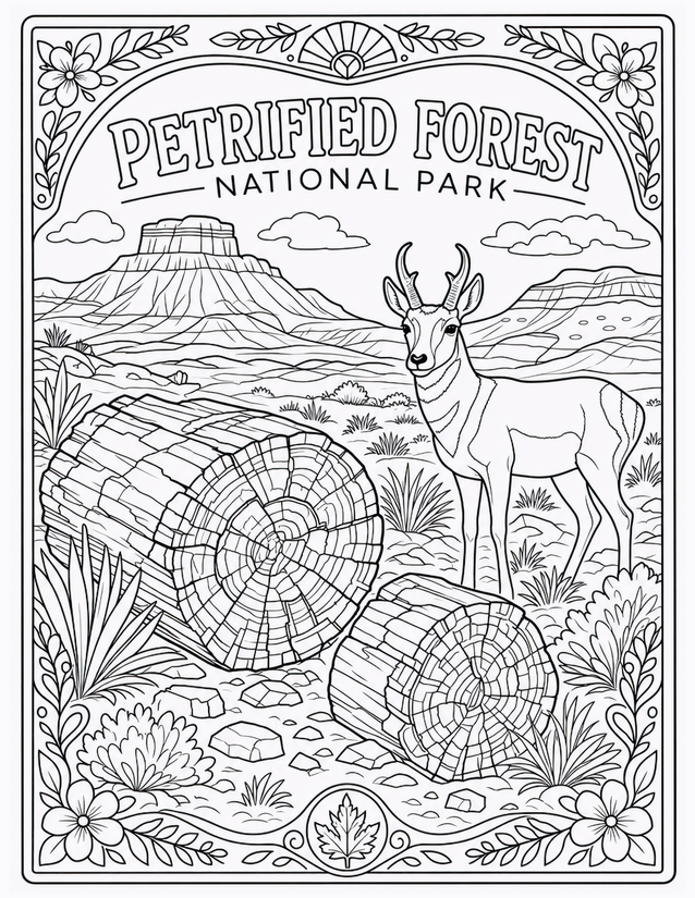 Petrified Forest National Park Coloring Page, Pronghorn and Ancient Logs