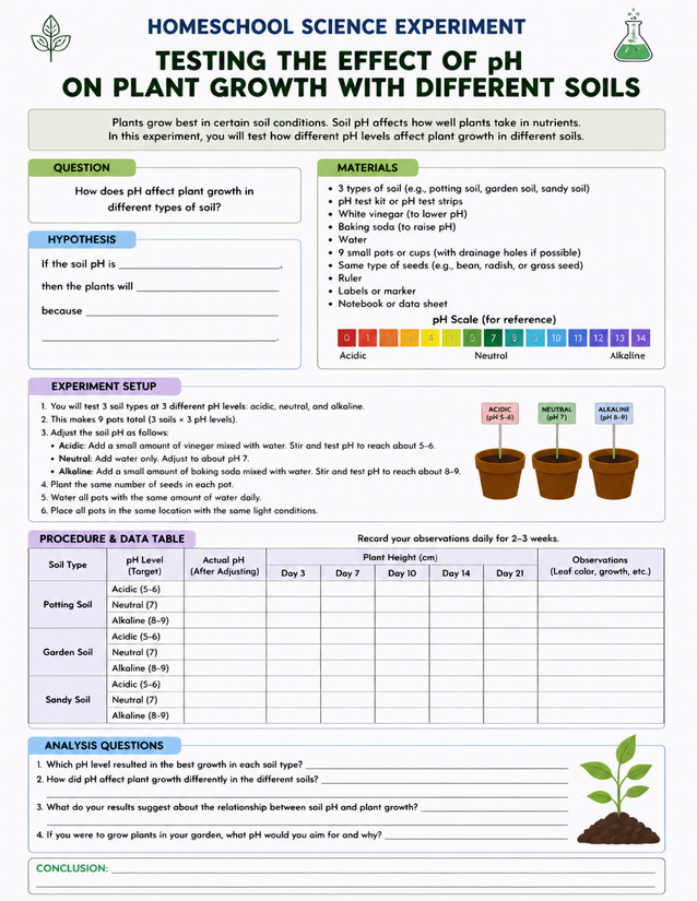 pH Effect on Plant Growth with Different Soils Lab Sheet