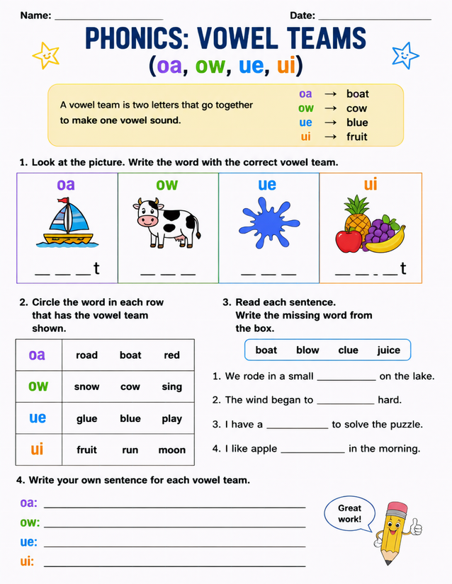 Phonics Vowel Teams Worksheet: oa, ow, ue, and ui