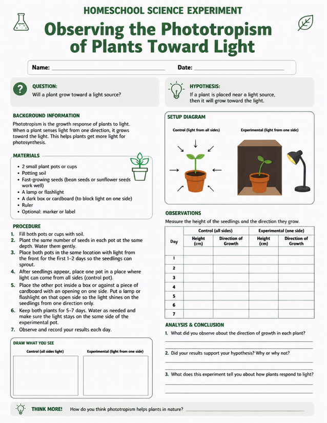 Phototropism of Plants Toward Light, Homeschool Lab Sheet