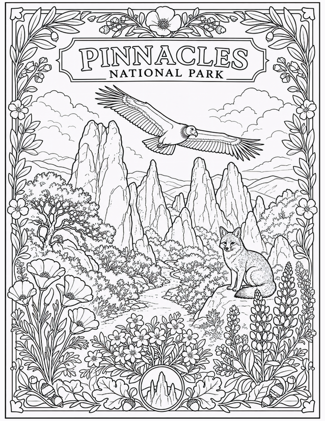 Pinnacles National Park Coloring Page, Condor and Fox