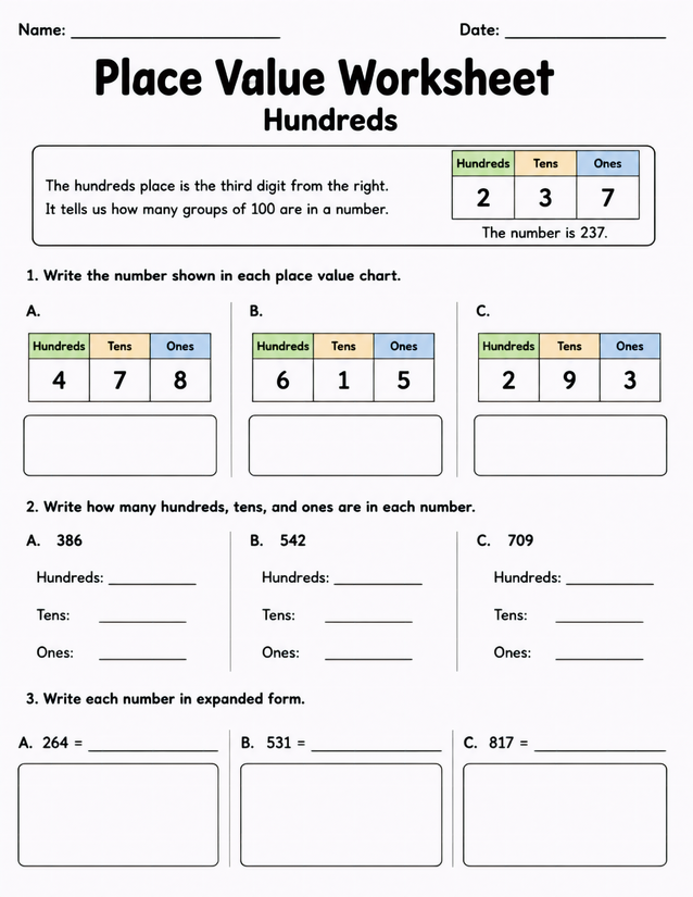 Place Value Worksheet: Hundreds, Tens, and Ones Practice