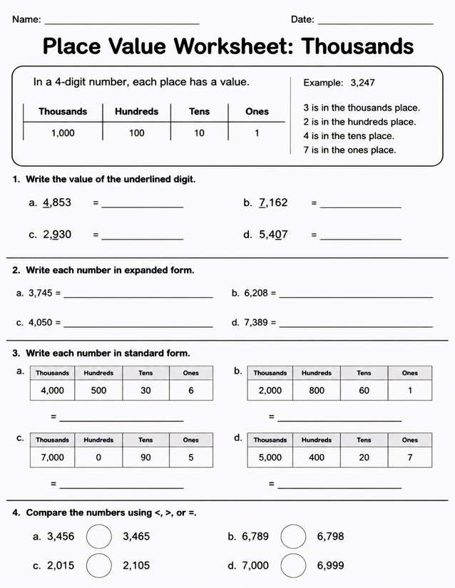 Place Value Worksheet Thousands, Expanded and Standard Form Practice