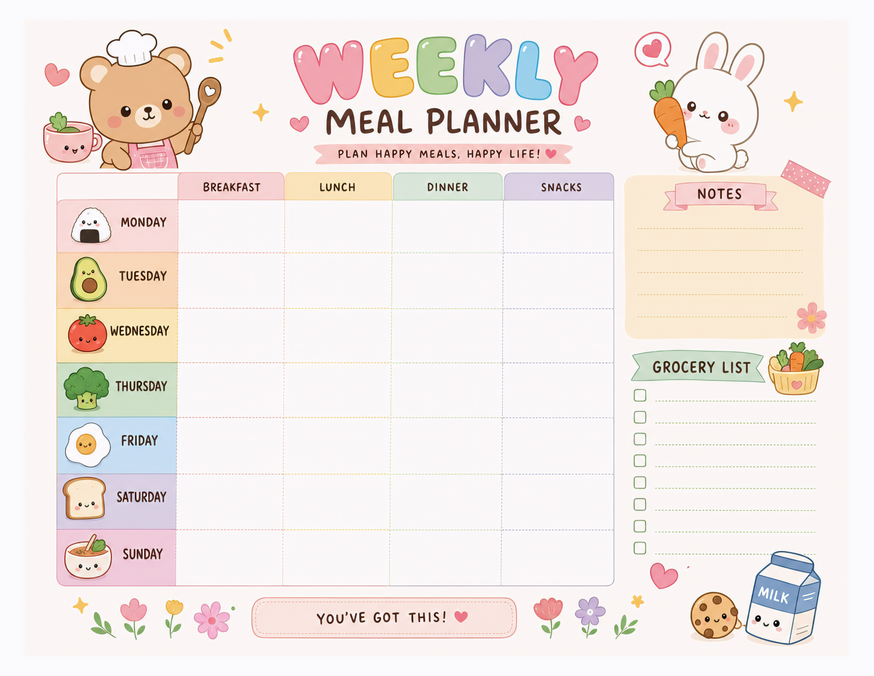 Plan Happy Meals Happy Life Meal Planner, Kawaii Grid With Grocery List