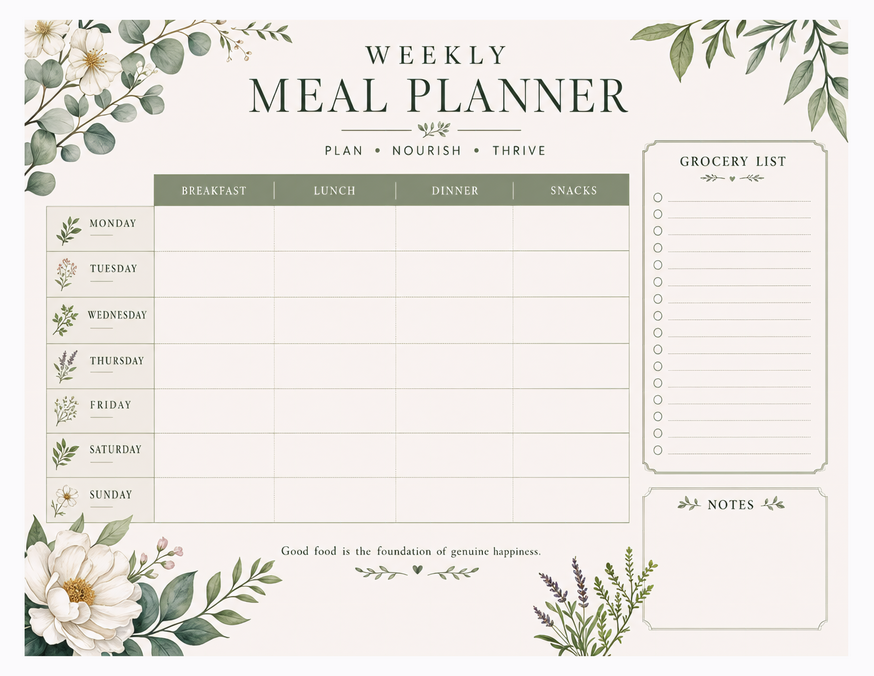 Plan Nourish Thrive Meal Planner Printable, Grocery List and Notes