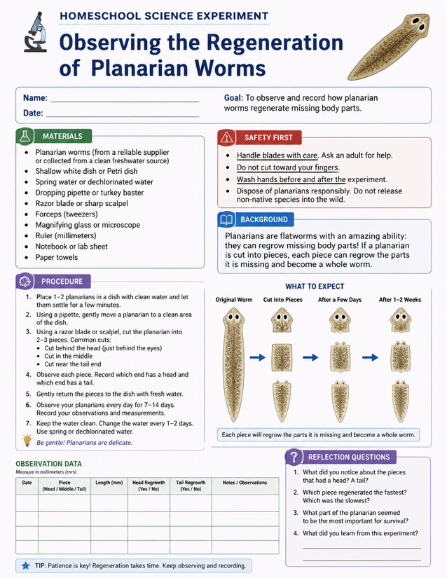 Planarian Worm Regeneration Lab Sheet, 7 to 14 Day Observation