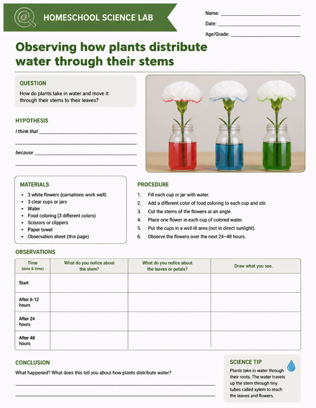 Plants Distribute Water Through Stems Lab Sheet