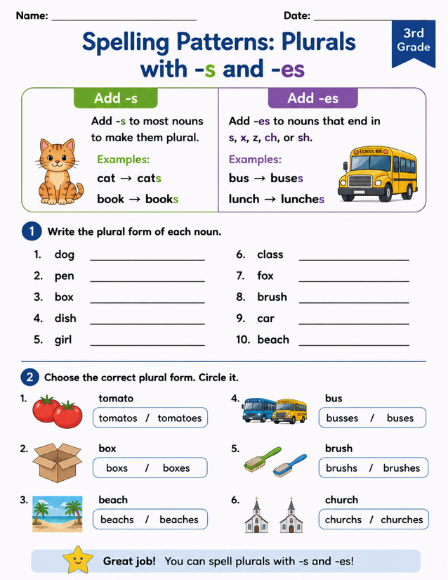 Plurals with S and ES Worksheet, 3rd Grade