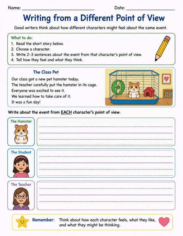 Point of View Writing Worksheet, Class Pet Story