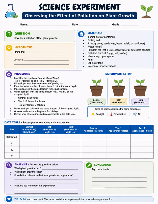 Pollution Effect on Plant Growth Lab Sheet, 14-Day Experiment