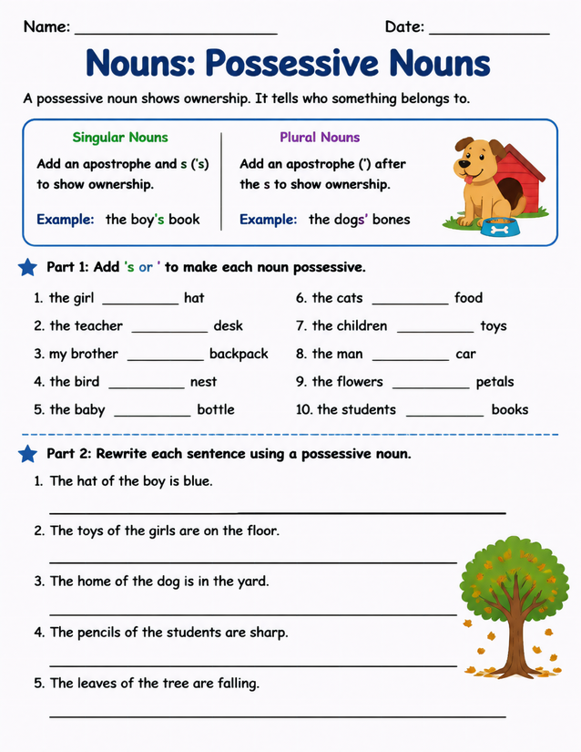 Possessive Nouns Worksheet, Singular and Plural Practice