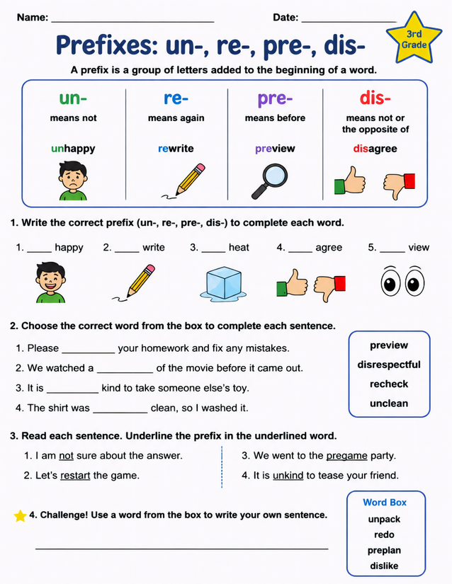Prefixes un re pre dis Worksheet, 3rd Grade Practice
