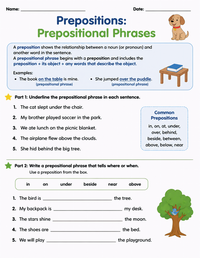 Prepositional Phrases Worksheet, Underline and Fill In