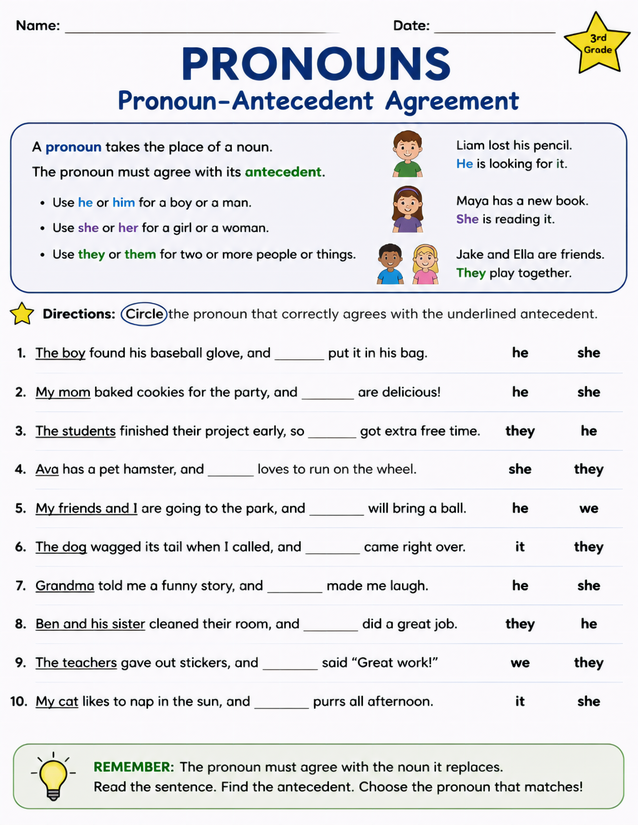 Pronoun-Antecedent Agreement Worksheet, 3rd Grade
