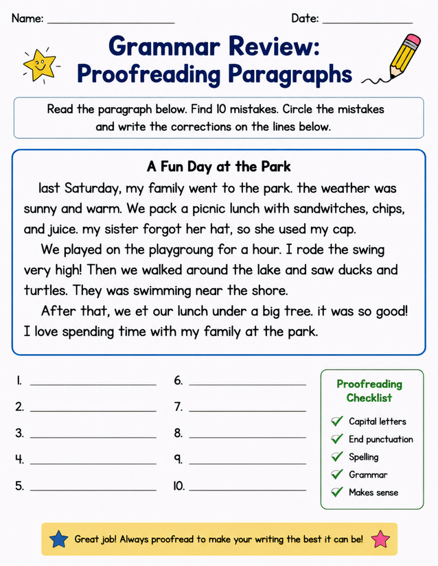 Proofreading Paragraphs Worksheet, Find 10 Mistakes