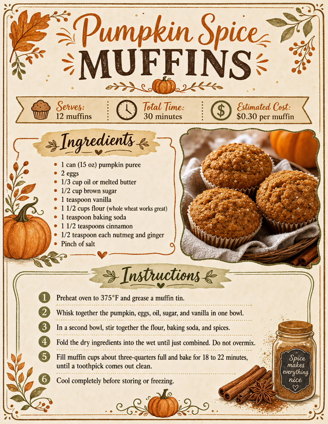 Pumpkin Spice Muffins Recipe Card, 30 Minutes and $0.30 Per Muffin