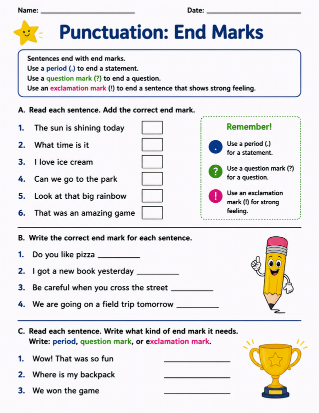 Punctuation End Marks Worksheet, Three Sections