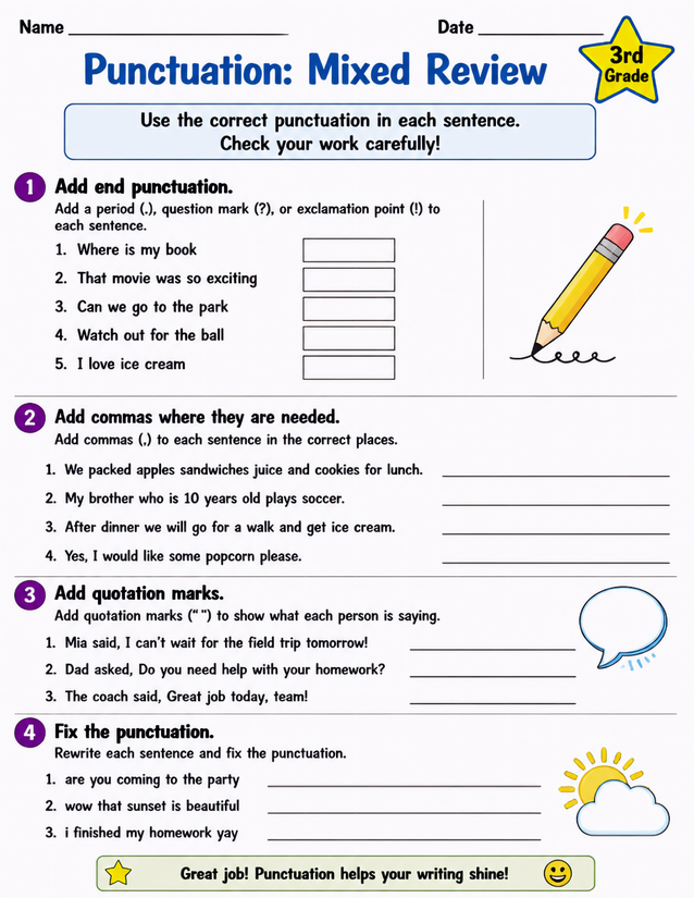 Punctuation Mixed Review Worksheet, 3rd Grade