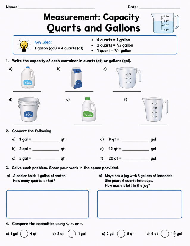 Quarts and Gallons Worksheet, Capacity Conversions