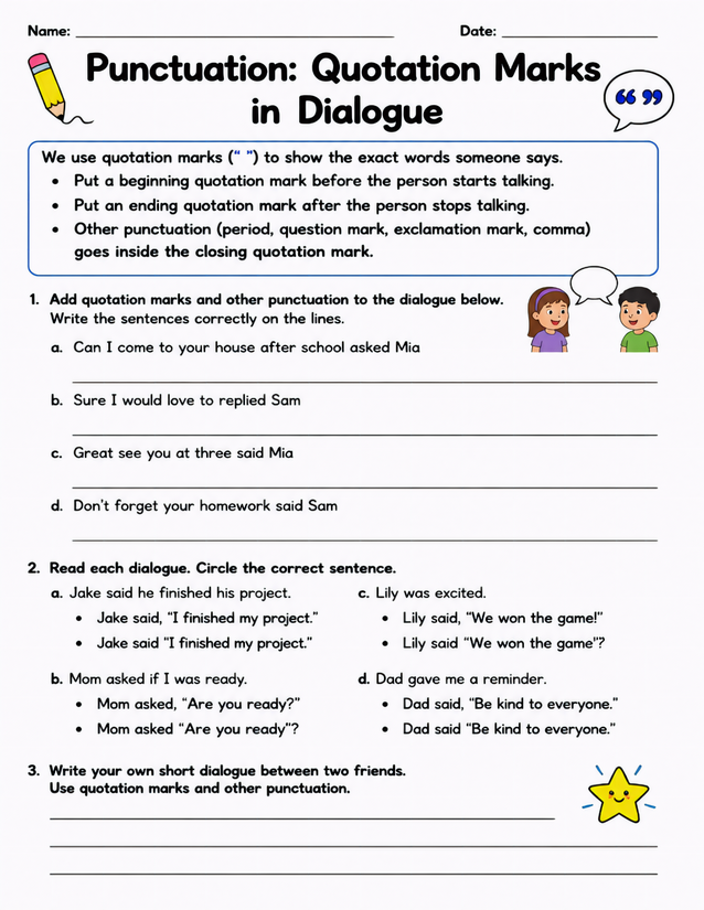 Quotation Marks in Dialogue Worksheet, Three Exercise Types