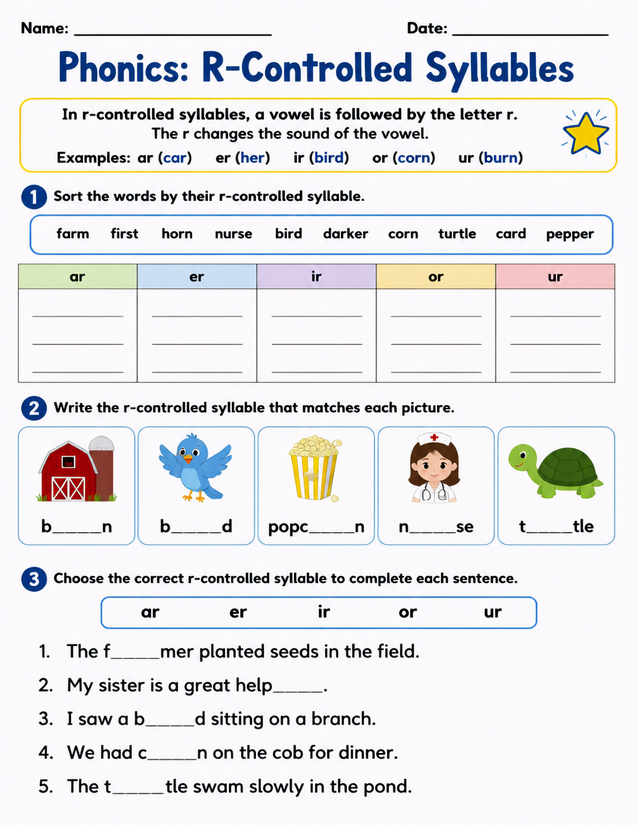 R-Controlled Syllables Worksheet, Three Activity Types