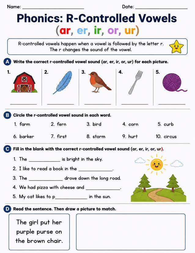 R-Controlled Vowels Worksheet, Four Skill Sections