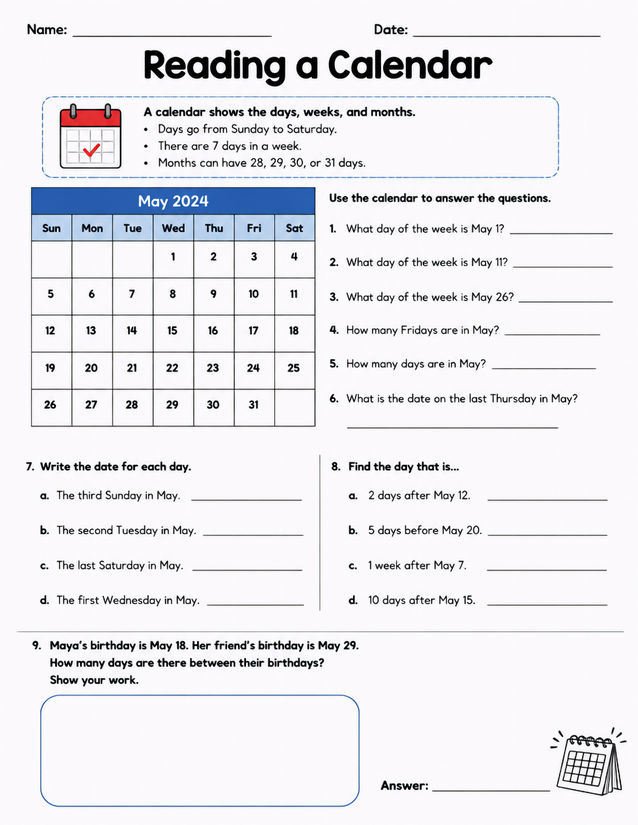 Reading a Calendar Worksheet, May 2024