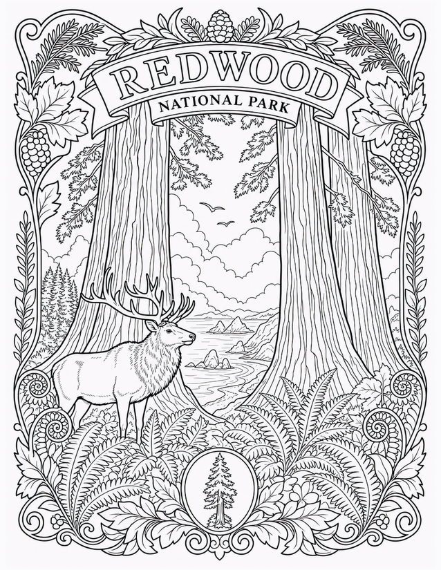 Redwood National Park Coloring Page, Elk and Coastal Vista
