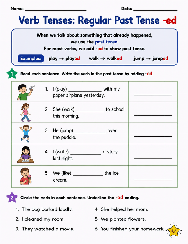 Regular Past Tense ED Worksheet, Two Practice Activities