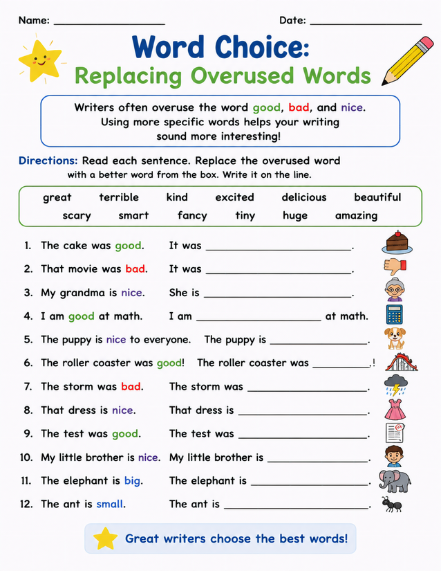 Replacing Overused Words Worksheet, Word Choice Practice