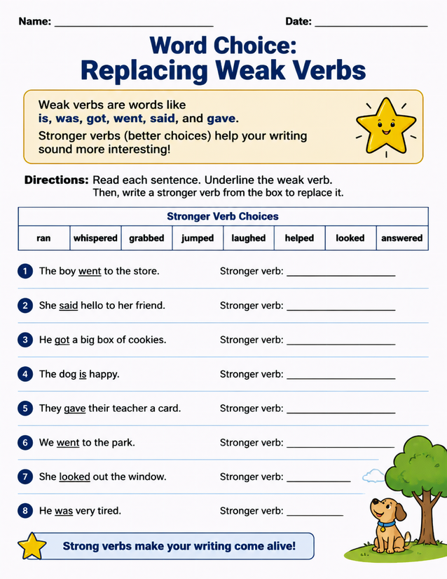 Replacing Weak Verbs Worksheet, Word Choice Practice
