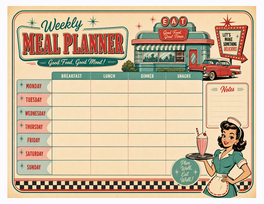 Retro Diner Meal Planner Printable, Seven Days with Breakfast to Snacks