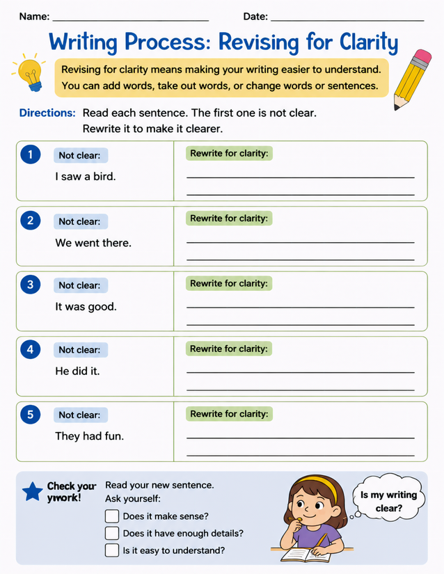 Revising for Clarity Worksheet, Rewrite Five Vague Sentences