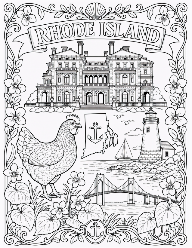 Rhode Island Coloring Page, Breakers Mansion to Lighthouse